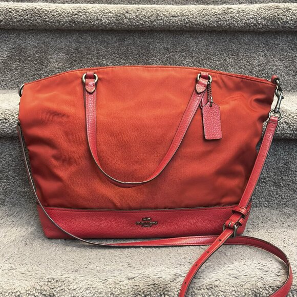 COACH  Nylon & Leather Tote True Red Carryall Handbag Medium - Picture 1 of 7